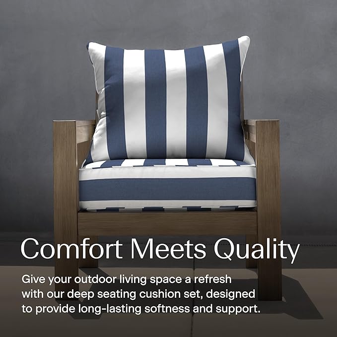 Honeycomb Outdoor Deep Seat, 24 x 23, Cabana Stripe Blue & White Chair Cushion for Patio Furniture