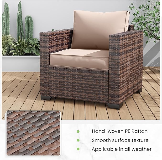 Amopatio Wicker Outdoor Sofa & Patio Couch Set - High Back Waterproof Patio Furniture Single Armrest Chair with Non-Slip Cushions, Outdoor Furniture Cover, Khaki