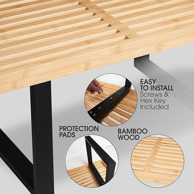 Bamboo Nelson Slat Wooden Bench, Small Wood Benches for Entryway, Living & Dining Room, Kitchen, Bedroom, Bathroom, Hallway, Front Door, For Indoor & Outdoor Patio Use, Mid Century Modern Decor