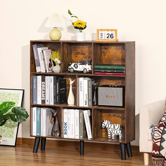 LEYAOYAO 8 Cube Bookshelf,3 Tier Bookcase with Legs,Rustic Brown Mid-Century Modern Bookshelves,Large Open Storage Organizer Shelf, Wooden Book Case