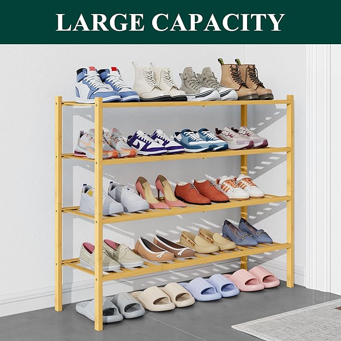 Smiry Bamboo Shoe Rack for Closet, 4 Tier Long Wooden Stackable Shoe Organizer, Free Standing Shoes Storage Shelf for Entryway, Front Door Entrance, Natural