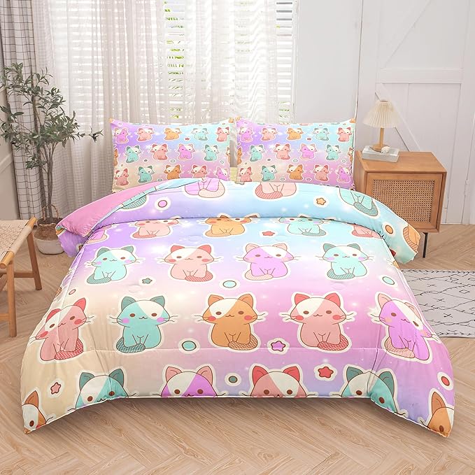 Tailor Shop Cat Girls Comforter Sets King Size,Cat Bedding Sets for Girls Kids Teens with 1 Pillowcase……