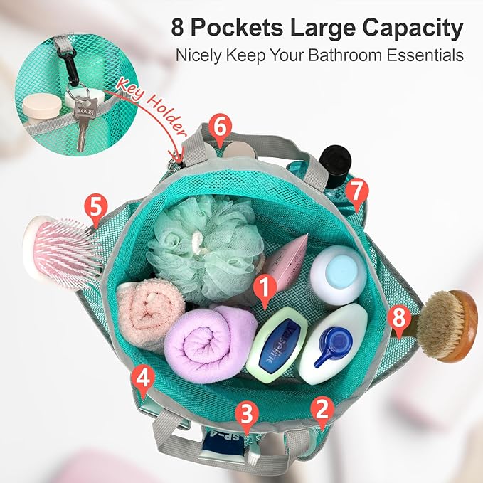 F-color Mesh Shower Caddy Portable with Drawstring - Upgrade Deeper 7 Pockets Dorm Room Essentials for Guys Girls with S Hook, Shower Bag Basket Tote for College Camping Bathroom, 2 Pack Mint Green