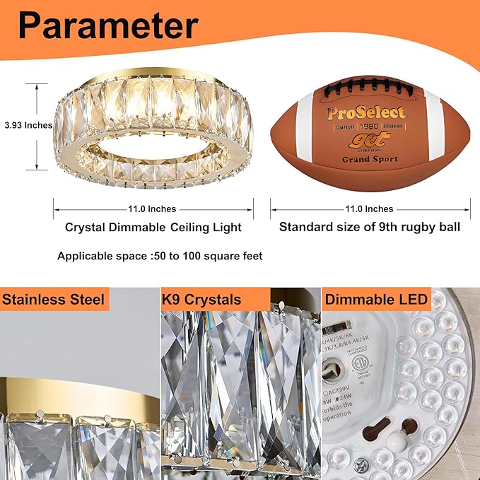 Crystal Gold Flush Mount Ceiling Light Fixture,Dimmable LED 5CCT 3000K-6000K Chandelier,11 Inch Modern Small 24W Round Lighting Fixtures for Kitchen Hallway Foyer Laundry Room