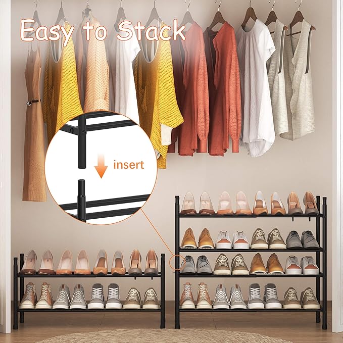 TZAMLI 2-Tier Shoe Rack for Closet, Expandable and Stackable Shoe Organizer Adjustable Metal Shoe Storage Small Shoe Shelf for Entryway Entrance, Black