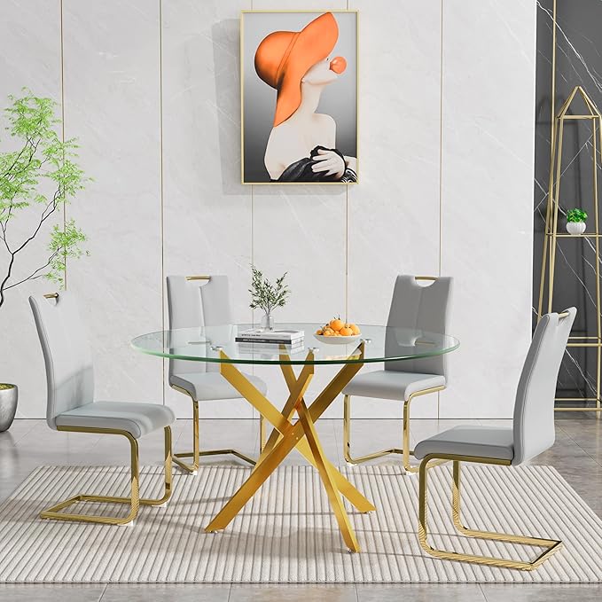 Goujxcy Round Dining Table Set for 4, Modern Glass Kitchen Table and Chairs Set of 4, 5 Piece Dining Room Table Set with 47" Circle Gold Metal Glass Dinner Table and 4 Grey Leather Dining Chairs