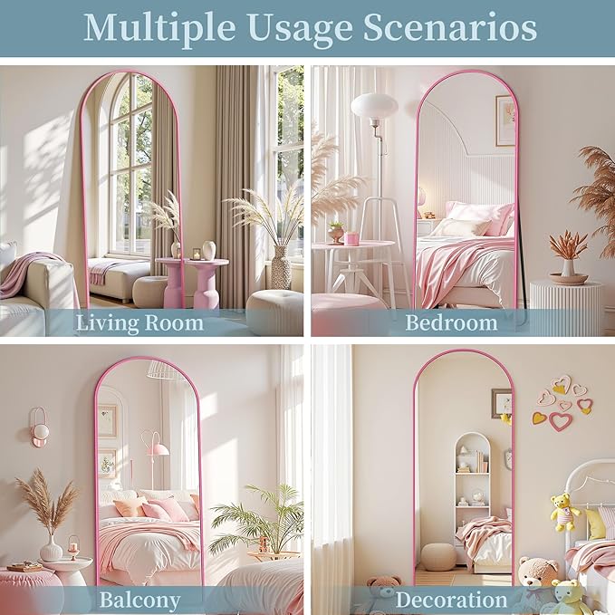 Full Length Mirror with Stand, 58"x18" Arched Full Body Mirror, Large Stand Up Aluminum Frame Floor Freestanding Hanging Leaning Mounted for Bedroom Living Room Entryway Pink