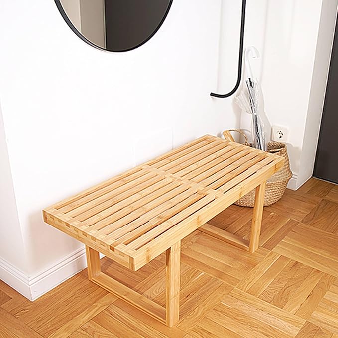 Bamboo Nelson Slat Wooden Bench, Small Wood Benches for Entryway, Living & Dining Room, Kitchen, Bedroom, Bathroom, Hallway, Front Door, For Indoor & Outdoor Patio Use, Mid Century Modern Decor
