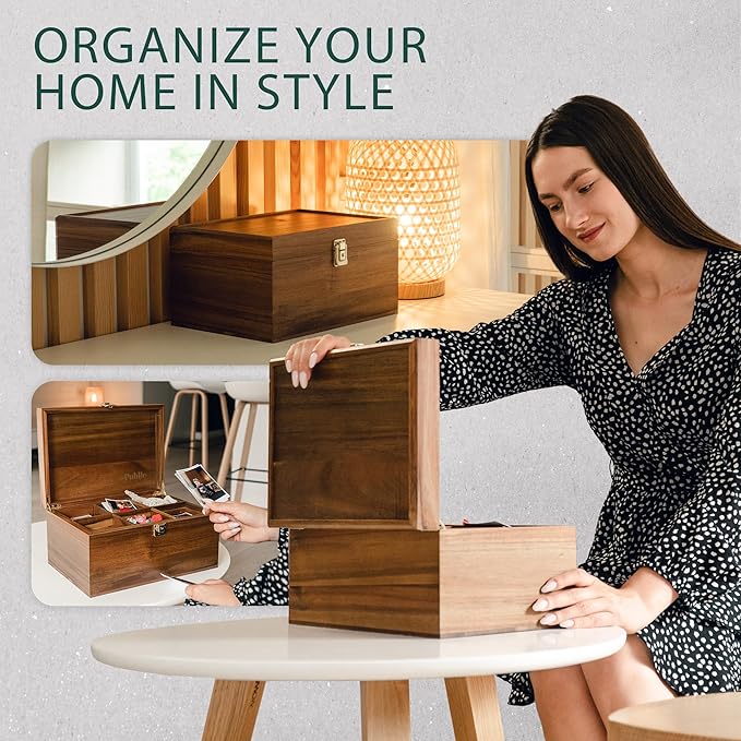 Public House Locking Wooden Keepsake Box, Customizable Design With Adjustable Tray. Large Wooden Box with Hinged Lid for Wedding and Memory Keepsakes