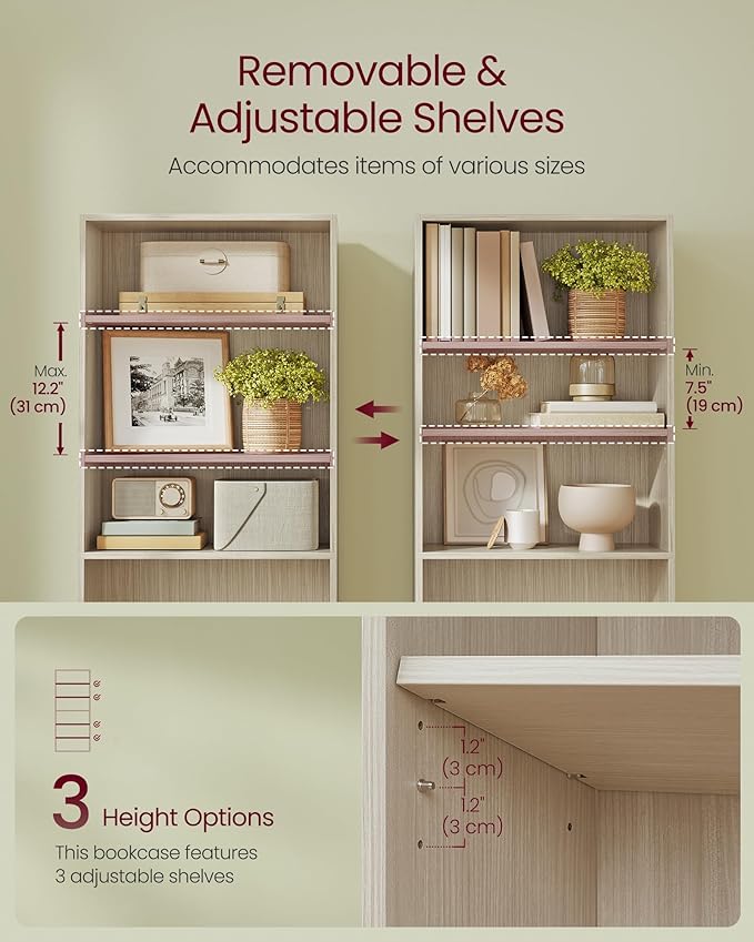 VASAGLE Custos Collection - Bookshelf, 5-Tier Bookcase, Book Shelf, Open Storage Shelf, 9.4 x 23.6 x 52.8 Inches, for Living Room, Home Office, Dinning Room, Natural Beige ULBC165L01