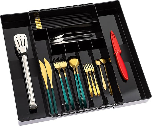 IEEK Kitchen Drawer Organizer for Cutlery and Utensils,Adjustable Silverware Drawer Organizer Tray,Kitchen Storage Divider for Spatula Tools,Gadgets,Forks,Knives,Spoons and Chopsticks,Black-L