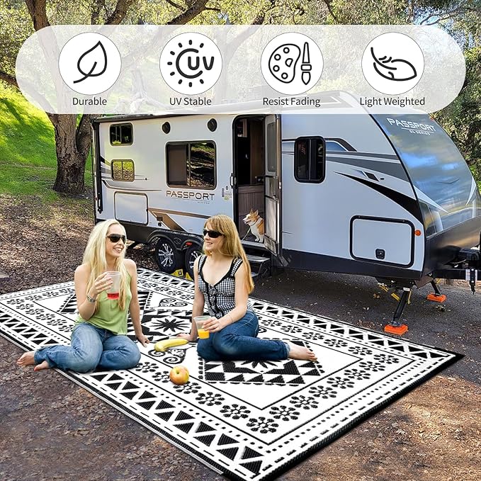Waterproof Outdoor Rug 6x9ft, Reversible Plastic Straw Mat Rugs for Patio RV Deck Porch Backyard Balcony Camping Picnic Beach Indoor Outdoor Carpet, Black&White