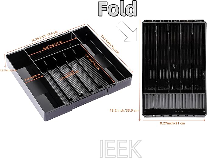 IEEK Silverware Organizer for Kitchen Drawers,Expandable Utensil Tray, Adjustable Cutlery and Flatware Holder,Plastic Drawer Dividers For Spoon Forks Knives Chopsticks Storage,Black-M