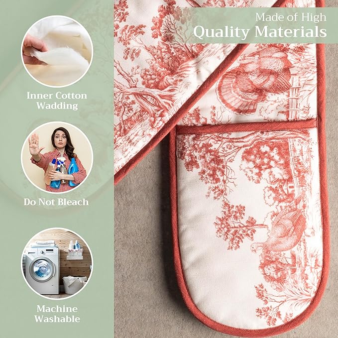 Maison d' Hermine Double Oven Mitt (7" x 35") 100% Cotton Heat Resistant BBQ Cooking Gloves with Loop for Thanksgiving Christmas Decorations Baking Cooking Barbeque Handling Hot Pan (Holy Jouy - Red)