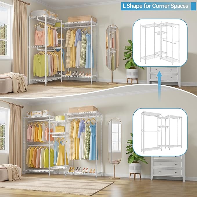 VIPEK L6 Heavy Duty Clothes Rack L Shape Clothing Rack 5-Tier Wire Garment Rack Freestanding Closet with 7 Adjustable Shelves & 4 Hanging Rods, 42" L x 42" W x 76.4" H, Max Load 850LBS, White