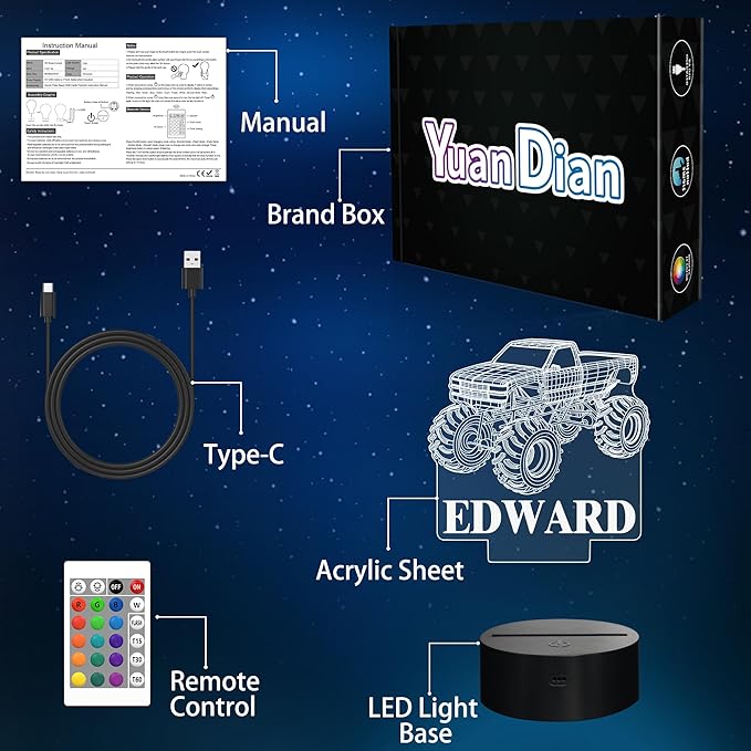 Customize Monster Truck Night Light, 3D Night Lights for Children, Monster Trucks for Boys, 16 LED Colors Changing Lighting, Car Shape Acrylic Lighting Table Desk Bedroom Decoration