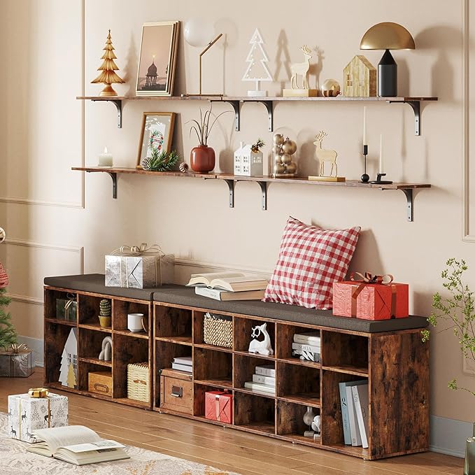 DINZI LVJ Shoe Storage Bench with Cushion, 13-Cubby Shoe Rack, Adjustable Shelves, Multifunctional Shoe Organizer Bench for Entryway, Mudroom, Hallway, Living Room, Bedroom and Garage, Rustic Brown