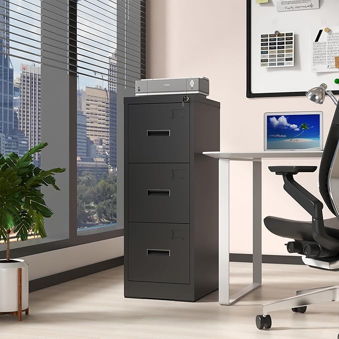AQY 3 Drawer File Cabinet with Lock, Metal Black Filing Cabinet for Home Office, 18" Deep Heavy Duty Vertical Storage Cabinet for Hanging A4/Letter/Legal Size Files, Assembly Required