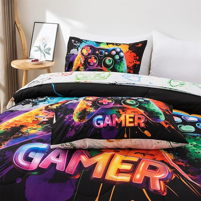 NTBED Game Console Comforter Set for Boys Girls Kids Tie Dye Gaming Lightweight Microfiber Gamer Bedding Sets (Multi, Twin 5Pcs)