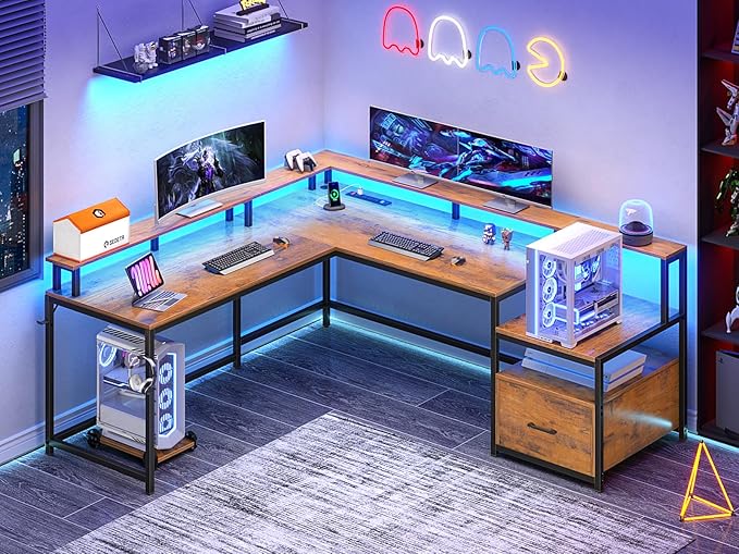 SEDETA L Shaped Office Desk, 66" Corner L Shaped Computer Desk with File Drawer & Power Outlet for Home Office, Gaming Table with Led Lights, Monitor Shelf, Printer Storage Shelves, Rustic Brown
