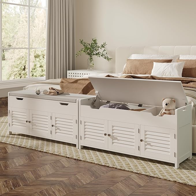 ChooChoo 41.3" Shoe Storage Bench with Lift Top Storage, Entryway Bench with Cushioned Seat, Adjustable Shelf, Shoe Cabinet with Hidden Space, for Entryway, Bedroom, Living Room, White