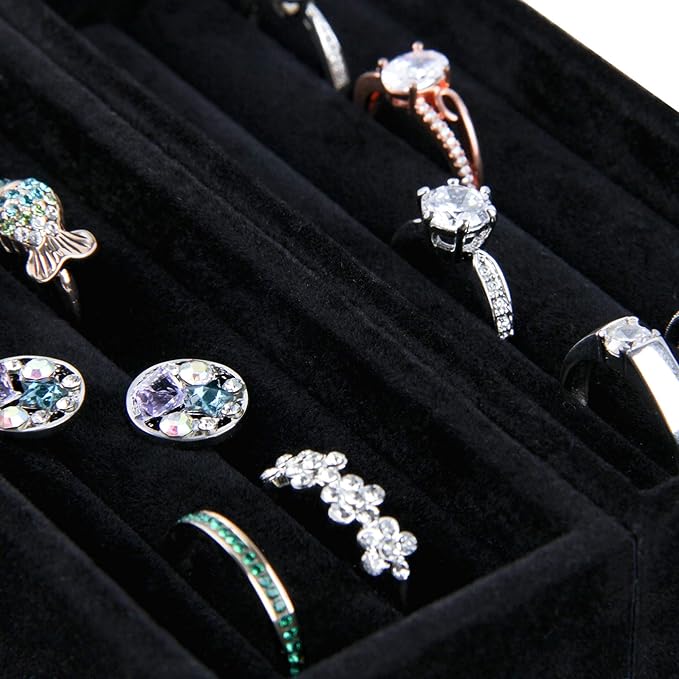 DesignSter Small Jewelry Tray, 2PCS Ring Organizer, Velvet Jewelry Display Tray, Stackable Jewelry Organizer Trays, Jewelry Drawer Organizer Inserts For Dresser, Jewelry Box (Black)