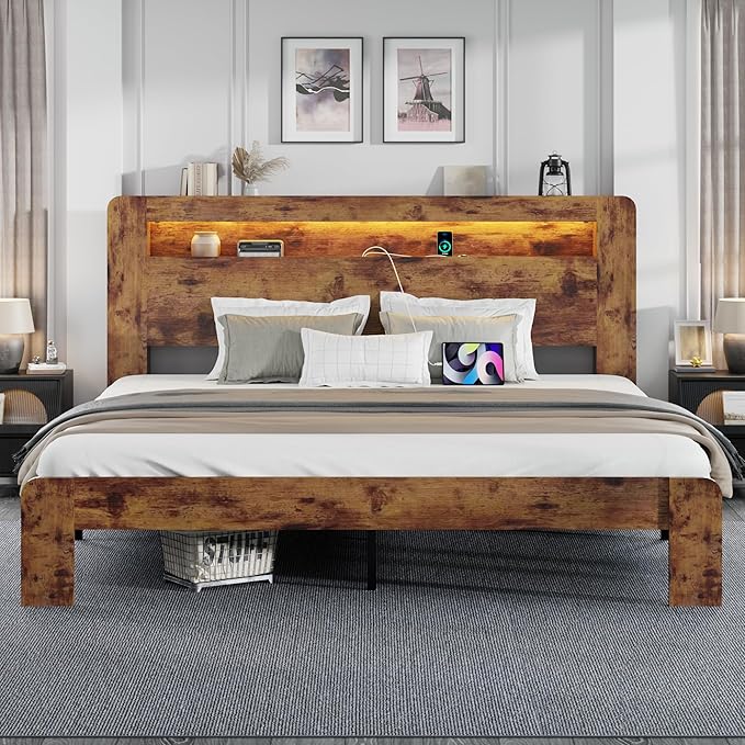 King Size Wooden Bed Frame with Bookcace Storage Headboard, Rustic Farmhouse Bedframe with LED Lights and Charging Station, Sturdy and Stable, Slat Support, No Box Spring Required (Brown, King)