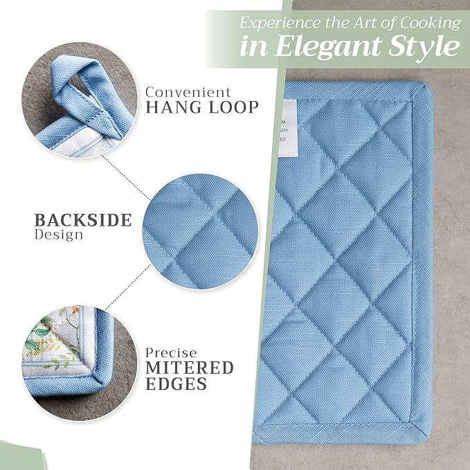 Maison d' Hermine 100% Cotton Oven Mitt & Pot Holder Set (7.5"x13" & 8"x8") Heat Resistant BBQ Cooking Gloves with Loop, Baking, Grilling, Kitchen, Handling Hot Pans Spring/Summer (Fleurs De Mai)