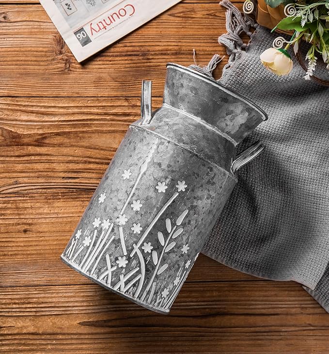 Vintage Galvanized Metal Milk Can, Farmhouse Rustic Flower Pitcher Vase, Decorative Floral Milk Jug Vase for Home Décor, 10.8’’H