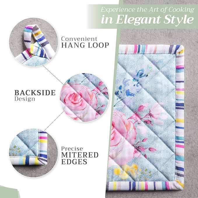 Maison d' Hermine Pot Holders Set 100% Cotton Heat Resistant Potholders 8" x 8" Hot Pads with Loop Cooking, Grilling, Kitchen, Handling Hot Pans Spring/Summer (Pack of 2, Sweet Rose Lavender - Lush)