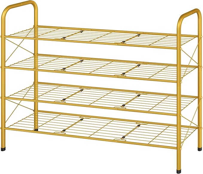 Hoctieon 4 Tier Mesh Style Shoe Rack, Entryway Shoe Shelf, Shoe Storage Organizer, Shoe Rack for Closet, Space Save for Bathroom, Garage, Hallway, Bedroom, Living Room, Gold