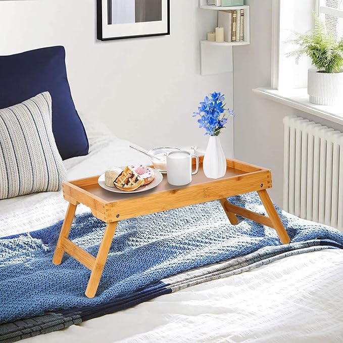 Bed Tray Table for Eating with Folding Legs, Bamboo Breakfast Table in Bed for Eating on Couch, Bed, Laptop Computer Tray(Bamboo, Medium)