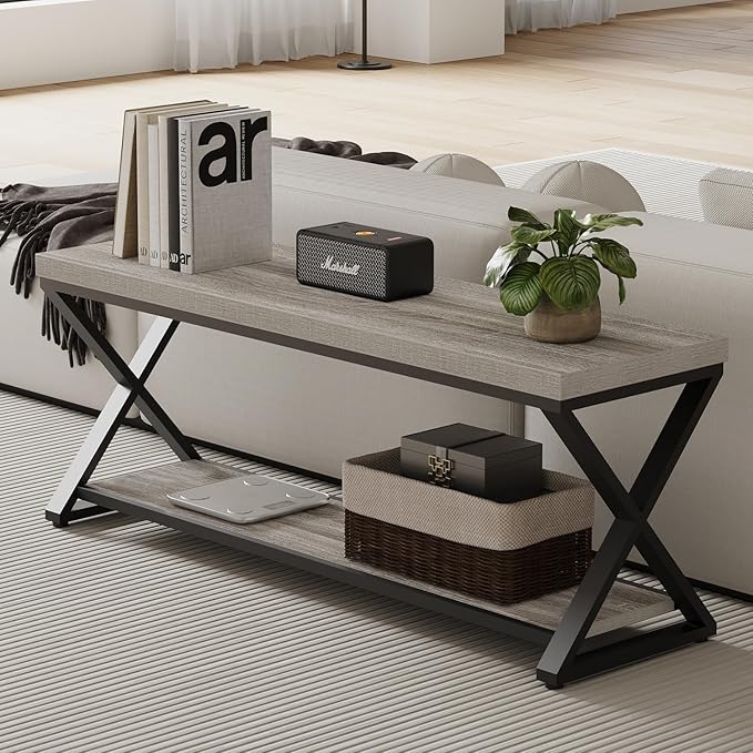 IBF Industrial Wood Entryway Bench, Indoor Farmhouse Hallway Accent Entry Bench for Seating Sitting with Storage, Metal Shoe Rack Grey Bench Organizer in Foyer Bedroom, Light Grey Oak, 47 Inch Long