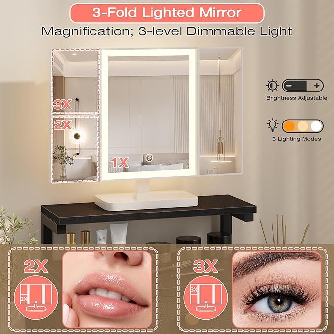 Vanity Desk with Mirror and Lights, 28.4''W Small Makeup Vanity Table with Height-Adjustable Stand, 2 Fabric Drawers Compact Makeup Desk, Gift for Girls, Bedroom Small Space, Black