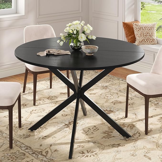 Unovivy 47" Round Dining Table for 4-6, Space Saving Circle Kitchen Dinner Table, Industrial Mid Century Modern Dining Room Desk for Kitchen, Apartment, Black