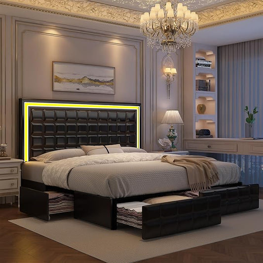King LED Bed Frame with 4 Drawers, Bed Frame with Led Lights Adjustable Upholstered Headboard Platform Bed with Wooden Slats Support, No Box Spring Needed, PU Black