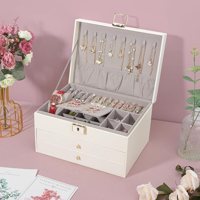 DesignSter Jewelry Box,Jewelry Organizer with 2 Drawers, 3 Layers Leather Jewelry Storage Box with Lock, Jewelry Storage Case for Necklaces Earrings Bracelets and Rings（Beige）