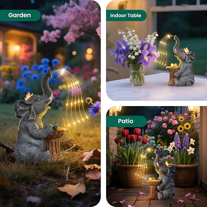 Garden Decor Watering Elephant Statues, Housewarming, Birthday Gifts for Women Mom Grandma, Garden Sculptures- Outdoor Statue Solar Lights Ornament for Yard Patio Balcony