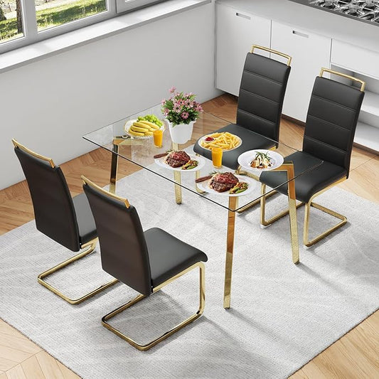 51" Glass Dining Table Set for 4,Small Kitchen Room Dining Table Set 4 with Chairs,Tempered Glass Top with Gold Legs,Easy to Assemble,Dinette Breakfast Nook