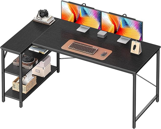Huuger L Shaped Desk, 55 Inches Computer Desk with Reversible Storage Shelves, for Gaming Corner Home Office Writing Study, Metal Frame, Black