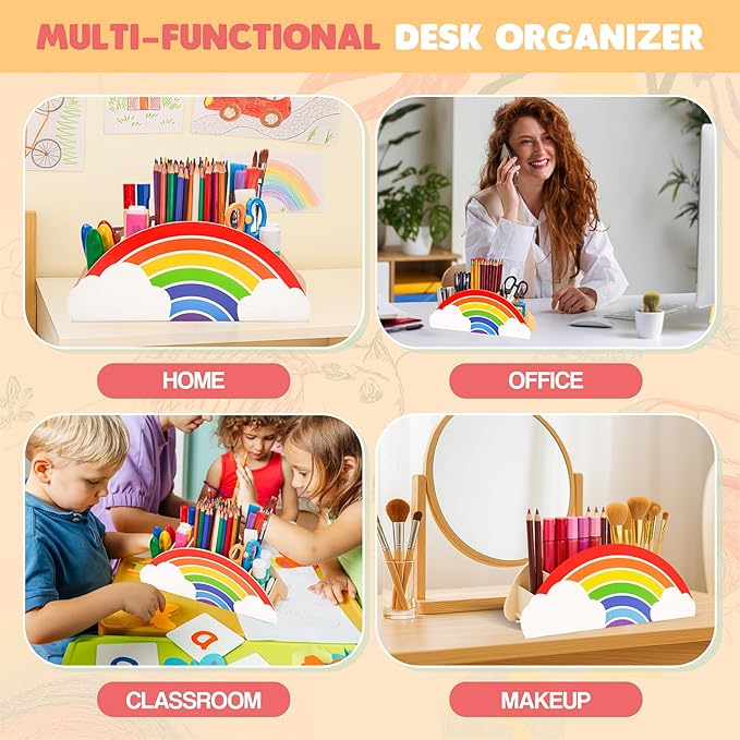 GAMENOTE Rainbow Wooden Desk Organizer – Natural Wood, No Smell, Childfriendly Pen Pencil Holder Caddy for Office Supplies, Classroom,Study Area– Cute Storage for Kids Present