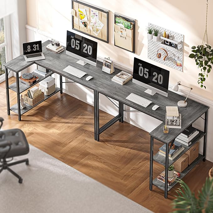 Huuger L Shaped Desk, 47 Inches Computer Desk with Reversible Storage Shelves, for Gaming Corner Home Office Writing Study, Metal Frame, Gray