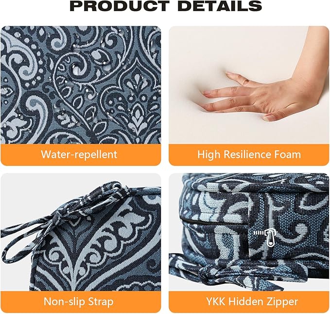 Round Corner Seat Cushions, 17" x 16" x 2", Set of 4, Indoor Outdoor Water Repellent Universal Chair Pads with Ties for Patio Furniture, Garden Deck Dining Chairs, Damask Blue Flower