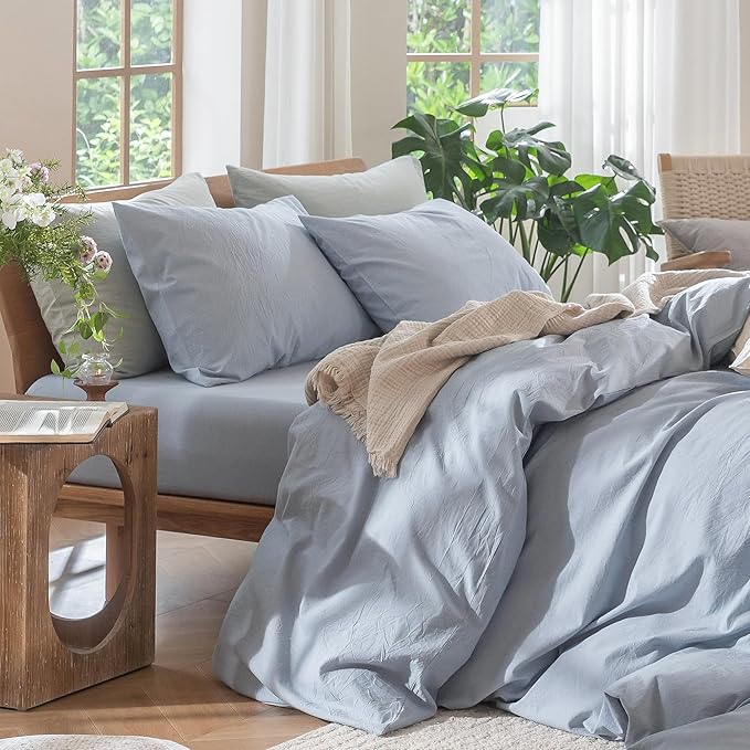 MooMee Bedding Duvet Cover Set 100% Washed Cotton Linen Like Textured Breathable Durable Soft Comfy (Heathered Cornflower Blue, Super King 108"x98")