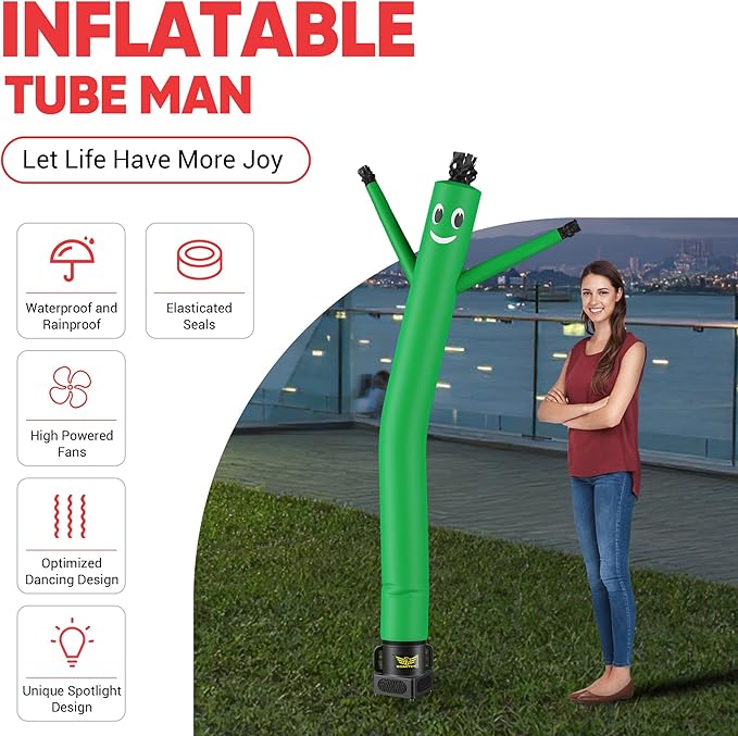 7FT Air Inflatable Waving Tube Man Set with Blower & Wheel, Air Puppet Dance Artist for Mall Opening, Amusement Park, Outdoor Decoration，Green