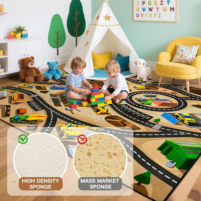 Kids 5' x 7' FT Construction Site Car Rug - Extra Thick (0.4in),Tufted Wool & Rubber, Non-Slip, Stain & Fade Resistant, Machine Washable, Rustic Cartoon Construction Site Pattern