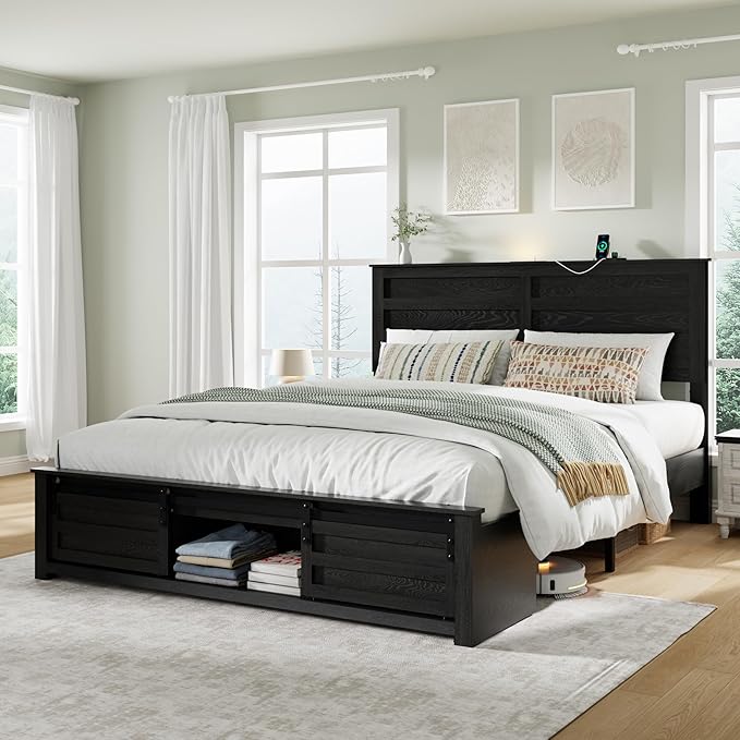 Full Size Bed Frame with Wood Headboard, Wooden Platform Bedframe with Sliding Barn Door Footboard and Charging Station Easy Assembly, No Box Spring Needed (Black, Full)