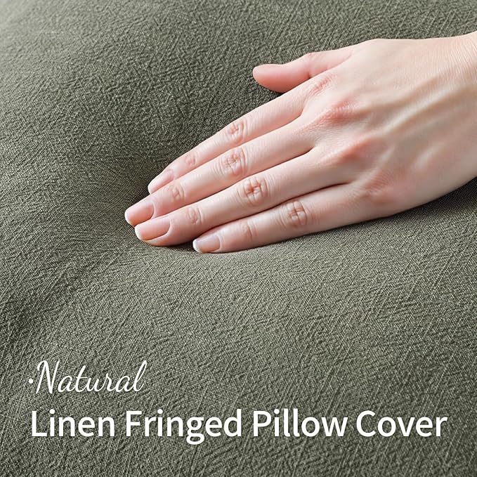 MIULEE Decorative Throw Pillow Covers Neutral Linen Fringe Throw Pillows Set of 2 Light Olive Green Boho Farmhouse Cushion Covers for Couch Sofa Bed Living Room Spring Home Decor 18x18 Inch