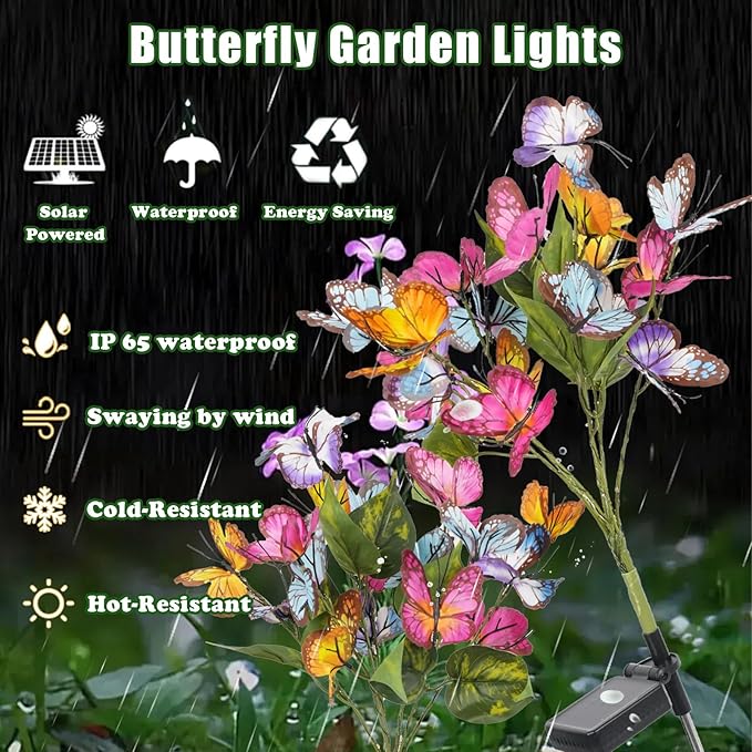 Solar Flower Lights-2 Pack Solar Garden Lights, Outdoor Waterproof Decorative Light, Butterfly Flower Garden Decor for Landscape, Pathway, Yard