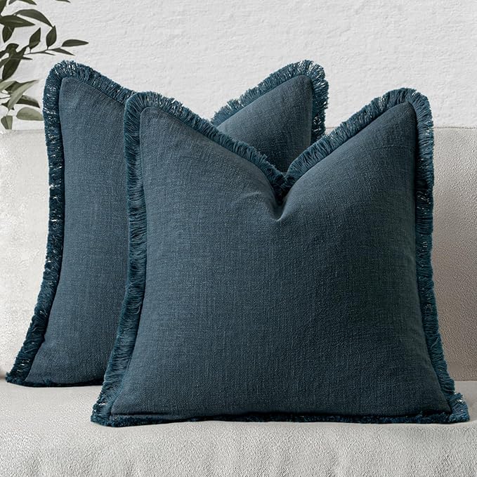 MIULEE Decorative Throw Pillow Covers Neutral Linen Fringe Throw Pillows Euro Shams Set of 2 Navy Blue Boho Farmhouse Cushion Covers for Couch Sofa Bed Living Room Spring Home Decor 24x24 Inch